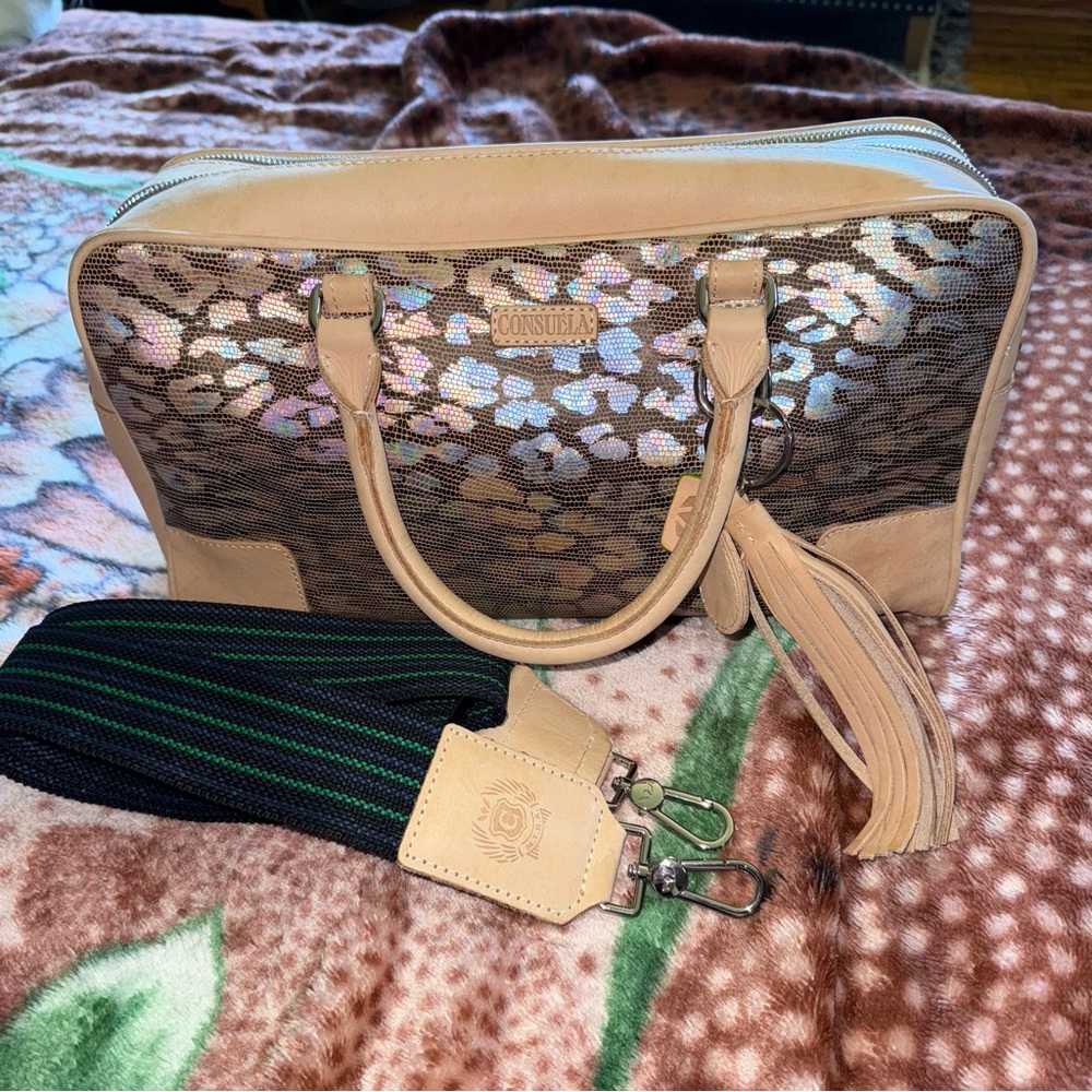 Consuela Tan and Iridescent Satchel